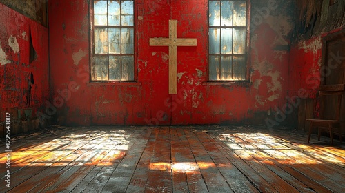 Wallpaper Mural Sunbeams illuminate weathered wooden floor of abandoned red church with cross Torontodigital.ca