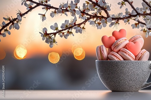 Obraz na płótnie A delicate, pastel-hued image featuring heart-shaped pink macarons stacked in a creamy, elegant teacup, surrounded by tiny cherry blossoms for a romantic aesthetic. . w salonie