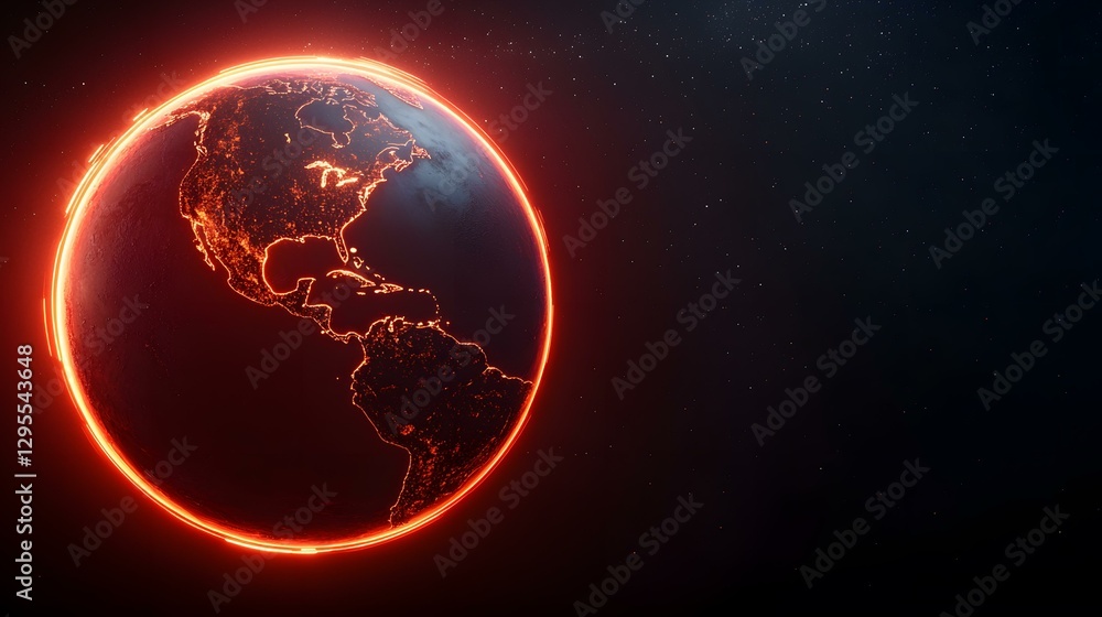 A fiery, glowing orange ring encircles the Earth, highlighting the North and South American continents against a backdrop of dark space speckled with stars. A fiery, glowing orange ring encircles the Earth, highlighting the North and South American continents against a backdrop of dark space speckled with stars.