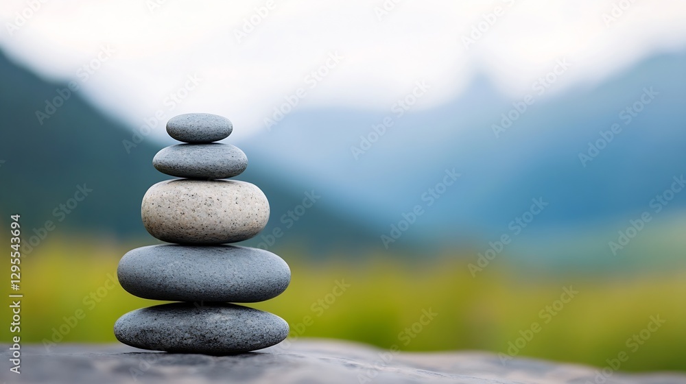 Stacked pebbles creating a balanced arrangement in a soft focus background of lush greenery and mountains : Generative AI Stacked pebbles creating a balanced arrangement in a soft focus background of lush greenery and mountains : Generative AI