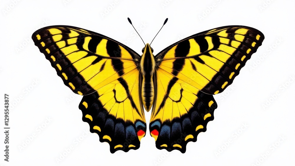 A western tiger swallowtail butterfly with vibrant yellow and black wings, featuring blue and red spots near the bottom edges. A western tiger swallowtail butterfly with vibrant yellow and black wings, featuring blue and red spots near the bottom edges.