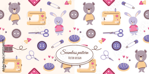 Seamless hand-drawn pattern with cute needlework elements. Vector design for fabric, wallpaper, wrapping paper and more.