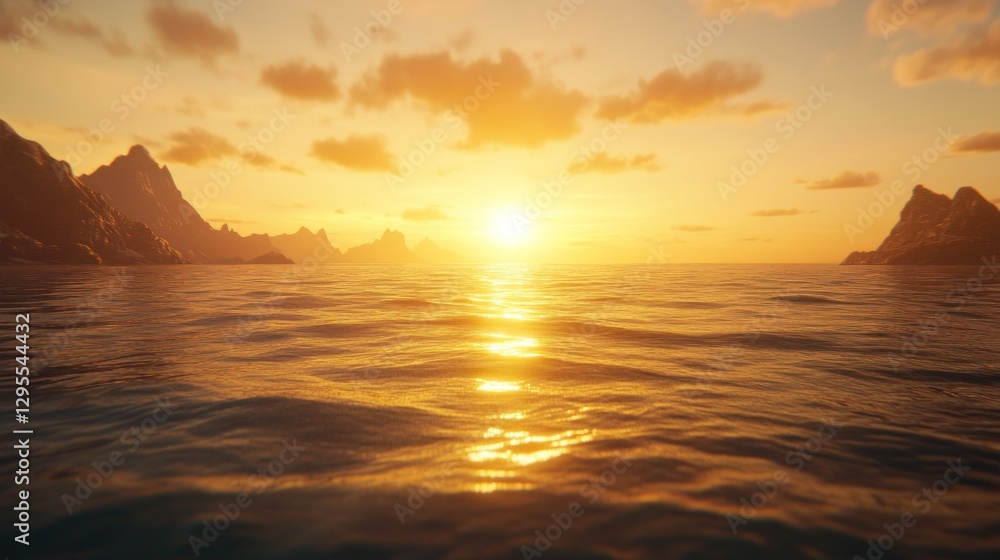 Golden sunset over the ocean with mountains in background Golden sunset over the ocean with mountains in background