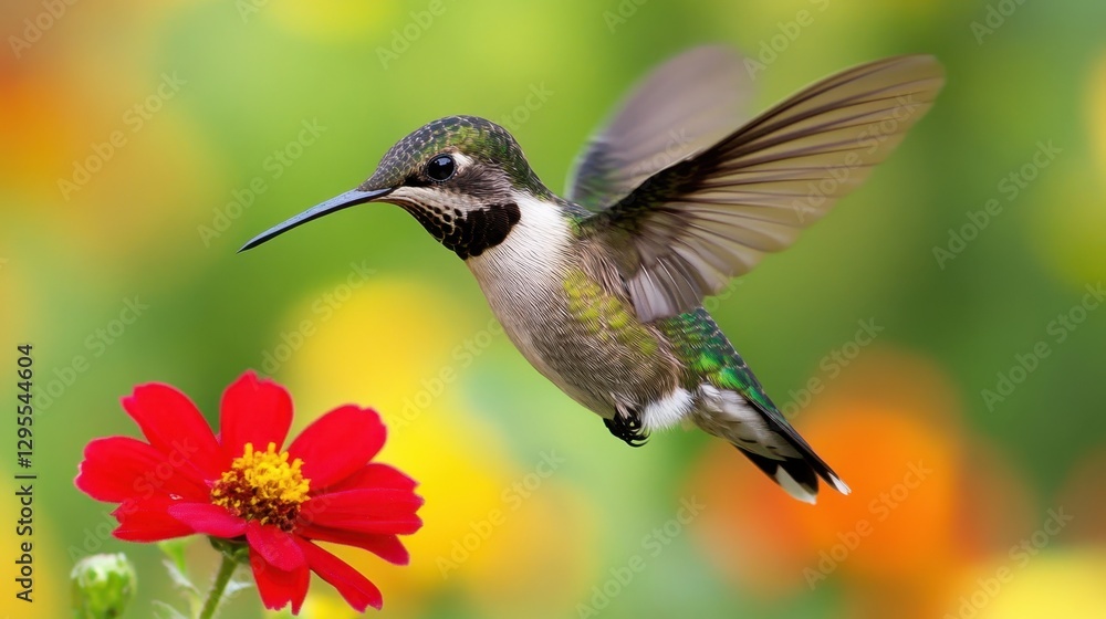 Hummingbird in Flight with Red Flower in Garden Vivid Colors Graceful Movement and Detailed Plumage Captivating Nature Scene Soft Bokeh Background Hummingbird in Flight with Red Flower in Garden Vivid Colors Graceful Movement and Detailed Plumage Captivating Nature Scene Soft Bokeh Background