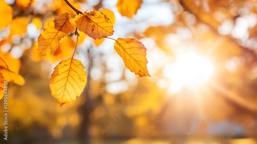 Golden autumn leaves illuminated by warm sunlight in a natural outdoor setting : Generative AI Golden autumn leaves illuminated by warm sunlight in a natural outdoor setting : Generative AI
