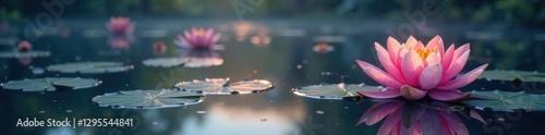 Softly glowing water lilies on serene lake surface, serene, watercolor, waterlilies