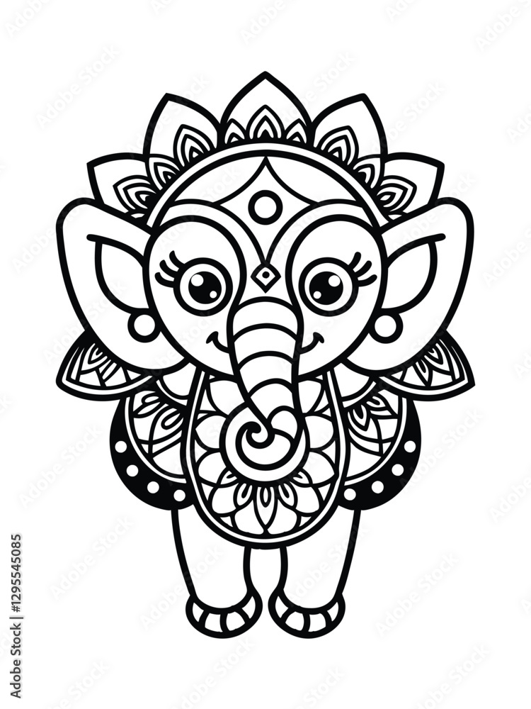 Fototapeta premium Mandala-Inspired Elephant with Ornate Decorations – Adult Coloring Page on White Background