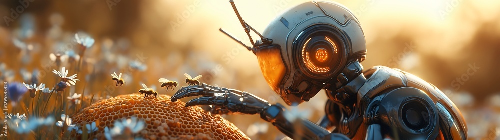 Futuristic robot beekeeper inspecting honeycomb in wildflower meadow. Generative ai ilustration Futuristic robot beekeeper inspecting honeycomb in wildflower meadow. Generative ai ilustration