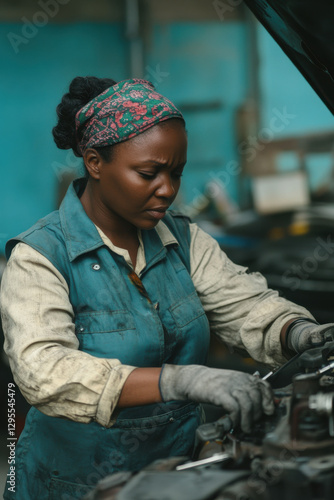 A woman mechanic who is repairing a car photo