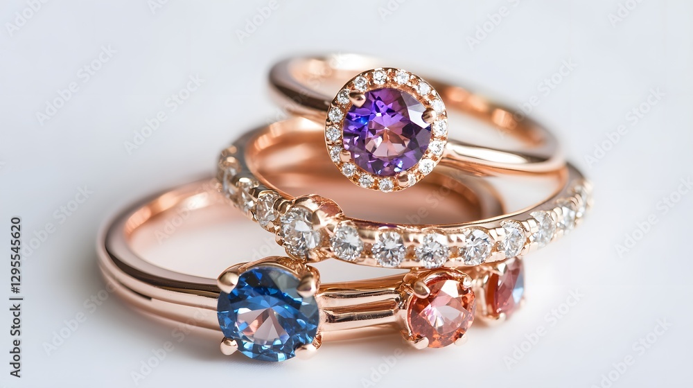 A set of rose gold stacking rings, each with a different gemstone, resting on a pristine white background A set of rose gold stacking rings, each with a different gemstone, resting on a pristine white background