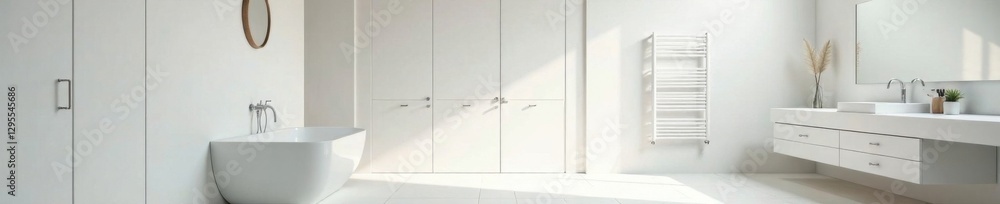 Spacious Bathroom with White Walls and Closets, linen cabinet, walls, white Spacious Bathroom with White Walls and Closets, linen cabinet, walls, white