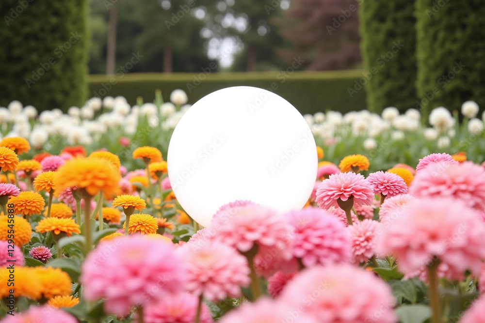Naklejka premium white circular object sitting on top of a table surrounded by flowers