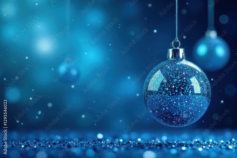 Sparkling blue ornament elements suspended in mid-air, blue ornaments hanging, festive atmosphere, holiday lights Sparkling blue ornament elements suspended in mid-air, blue ornaments hanging, festive atmosphere, holiday lights