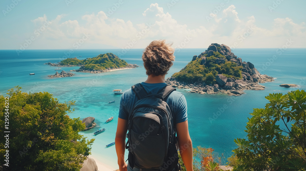 Fototapeta premium A young man standing on top of a mountain looking at the sea