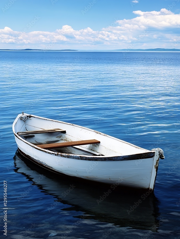 Naklejka premium Serene white wooden boat floating on calm blue waters under a clear sky with gentle clouds : Generative AI