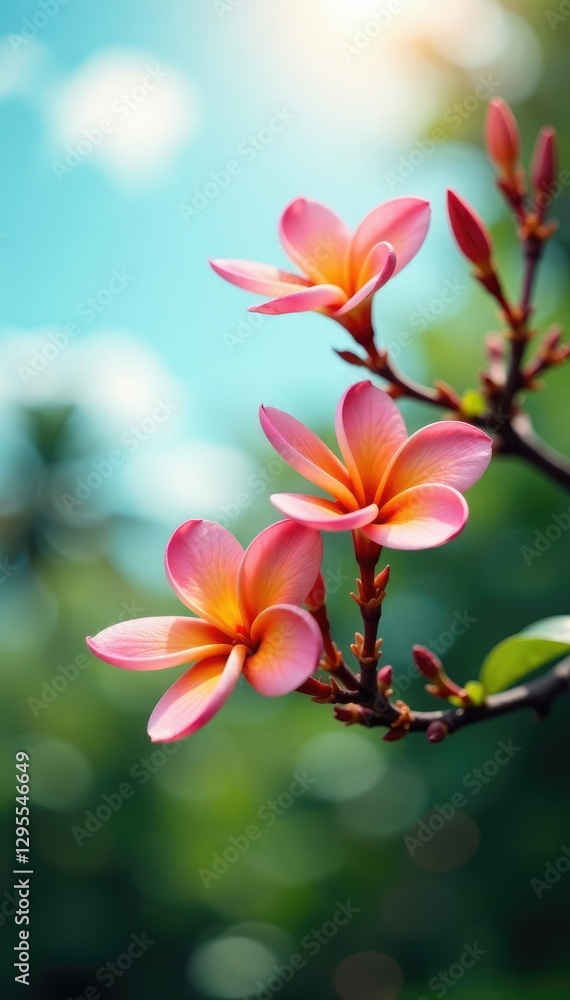 Obraz premium Frangipani flowers swaying gently in the breeze and sunlight, blossom, bloom