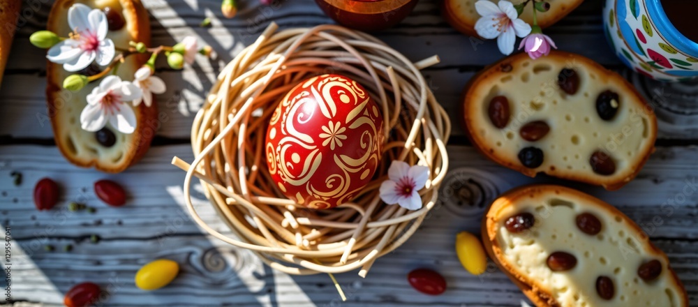 Fototapeta premium A red Easter egg with a swirl design in a woven nest, surrounded by small pieces of bread topped with berries and white flowers, on a wooden table, flat lay.
