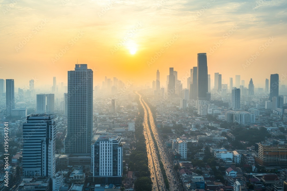 Fototapeta premium Golden Sunrise Over Urban Skyline with Mist and City Traffic