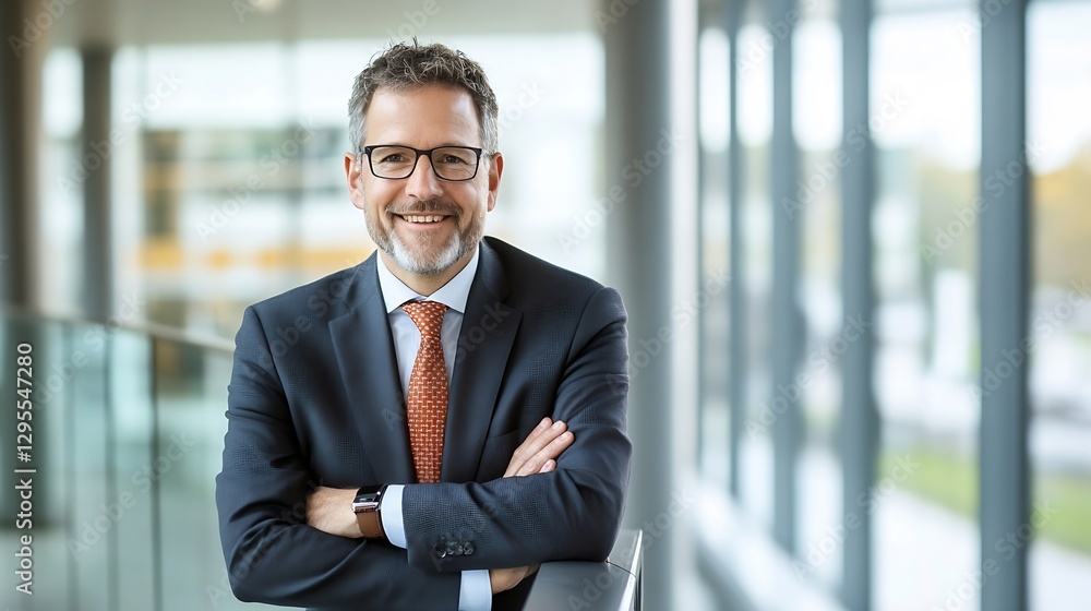 Professional smiling businessman confidently standing in modern office environment with large windows : Generative AI Professional smiling businessman confidently standing in modern office environment with large windows : Generative AI