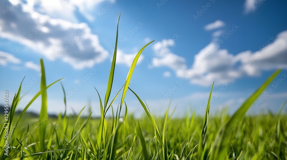 Fototapeta premium Vibrant Green Grass Blades Against a Clear Blue Sky and Soft White Clouds : Generative AI