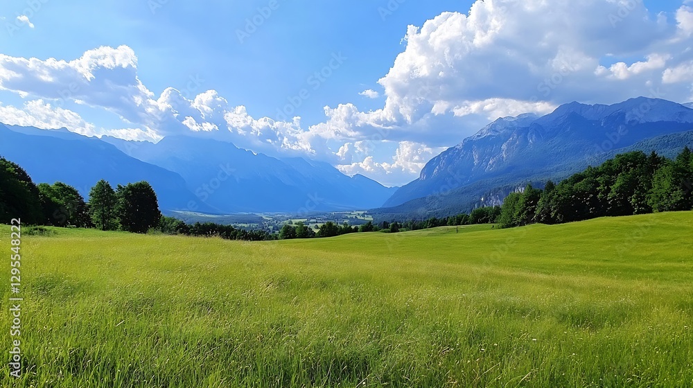 Fototapeta premium Vast green fields stretching towards majestic mountains under a bright blue sky with fluffy clouds : Generative AI