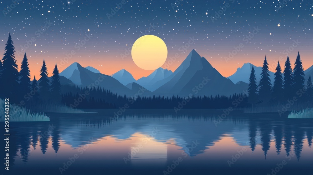 Obraz premium Full moon reflects over a calm lake surrounded by mountains