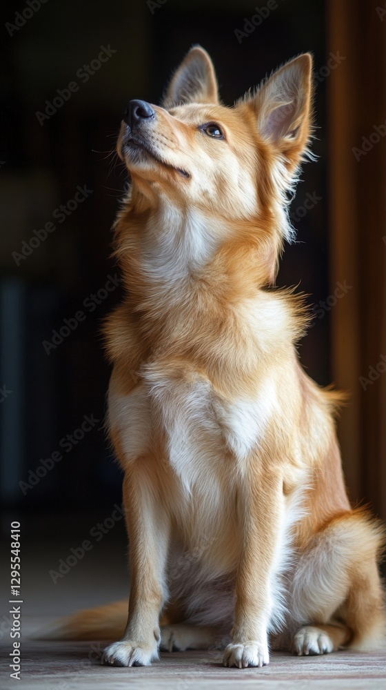 Captivating portrait of an adorable golden dog with a fluffy coat gazing upwards in a dark room with bright light and a hopeful expression Captivating portrait of an adorable golden dog with a fluffy coat gazing upwards in a dark room with bright light and a hopeful expression