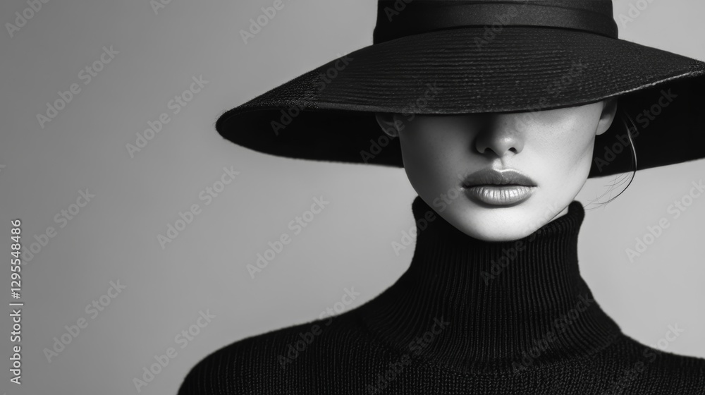 Black and white portrait of a model wearing a black turtleneck sweate Black and white portrait of a model wearing a black turtleneck sweate