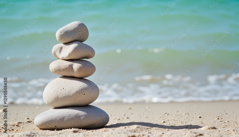 Perfectly stacked smooth river stones on sandy beach with gentle waves in background Perfectly stacked smooth river stones on sandy beach with gentle waves in background