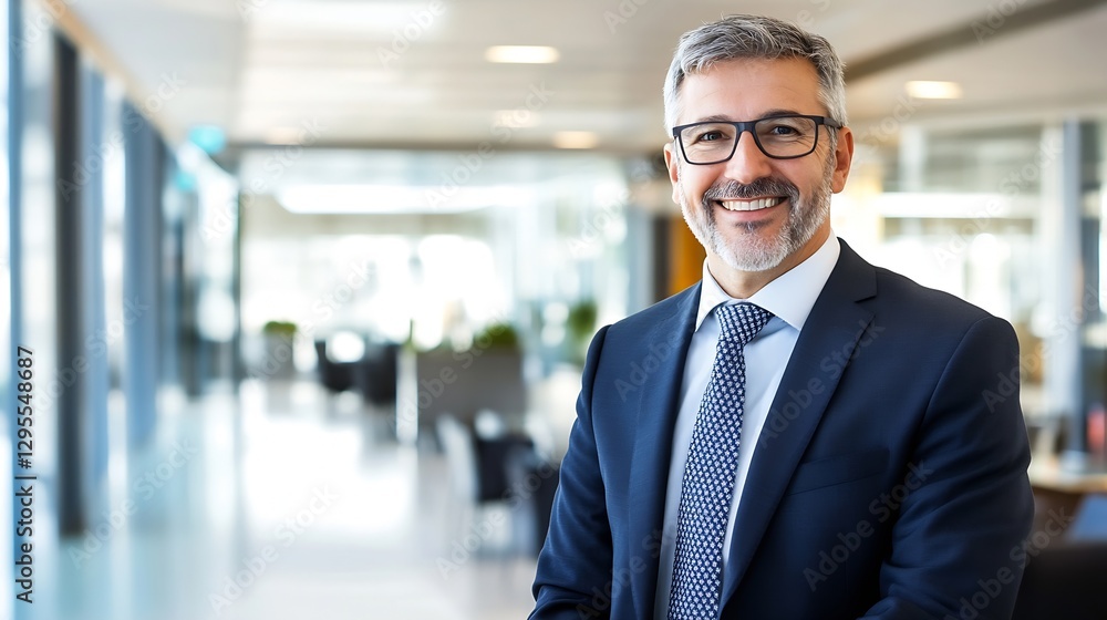 Professional smiling businessman in formal attire in modern office environment : Generative AI Professional smiling businessman in formal attire in modern office environment : Generative AI