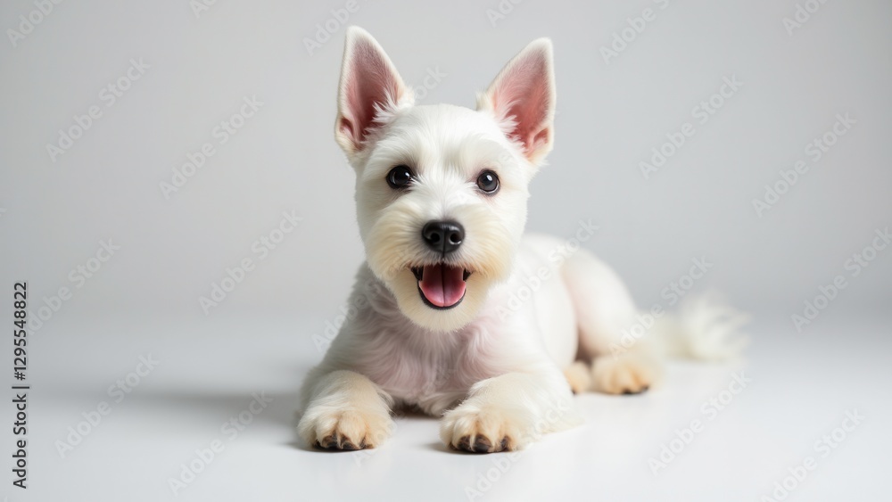 A white mini schnauzer lying down with its paws forward and ears perked up. A white mini schnauzer lying down with its paws forward and ears perked up.