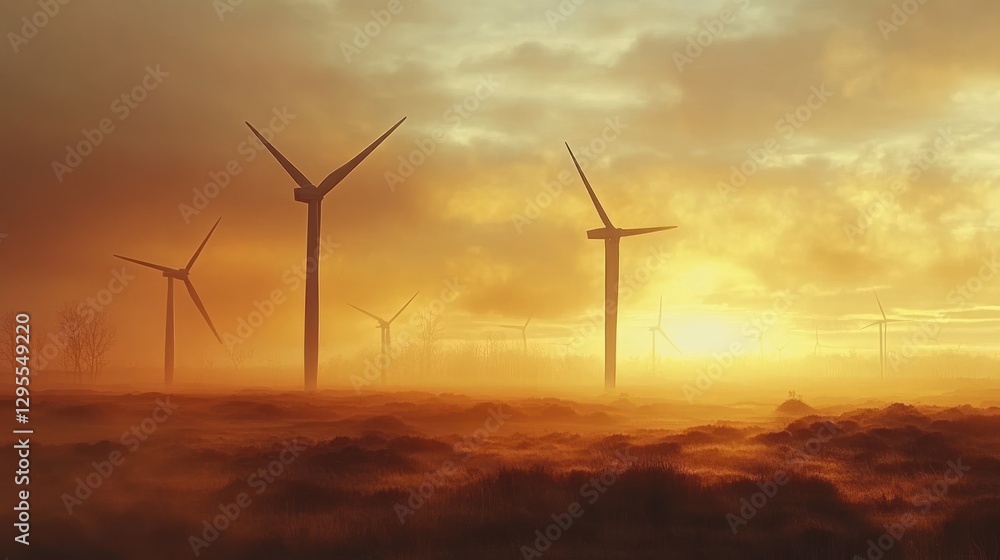 Wind Turbines Silhouette At Sunrise Over Foggy Field Wind Turbines Silhouette At Sunrise Over Foggy Field