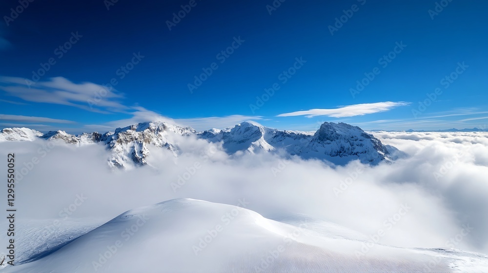 Fototapeta premium Stunning Snowy Mountain Landscape with Clear Blue Sky and Billowing Clouds : Generative AI