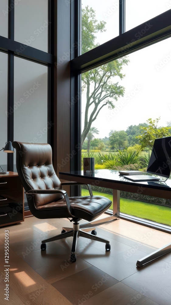 Fototapeta premium Elegant Office Featuring a Leather Chair, Stylish Desk, and Garden Views Through Large Windows