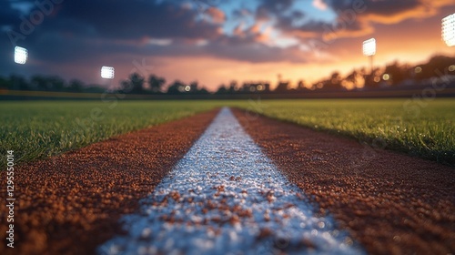 Baseball field at sunset, close-up view of the white line dividing the infield and outfield.