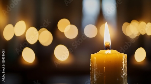 Closeup view of a glowing candle flame against a backdrop of blurred golden lights for a serene ambiance : Generative AI photo