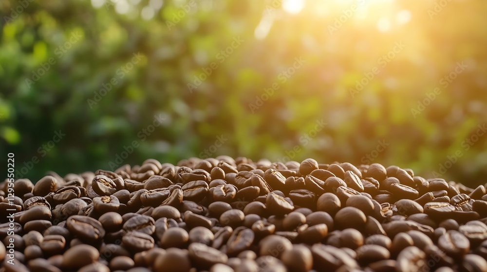 Obraz premium Close Up of Fresh Roasted Coffee Beans with Sunlight and Green Background : Generative AI
