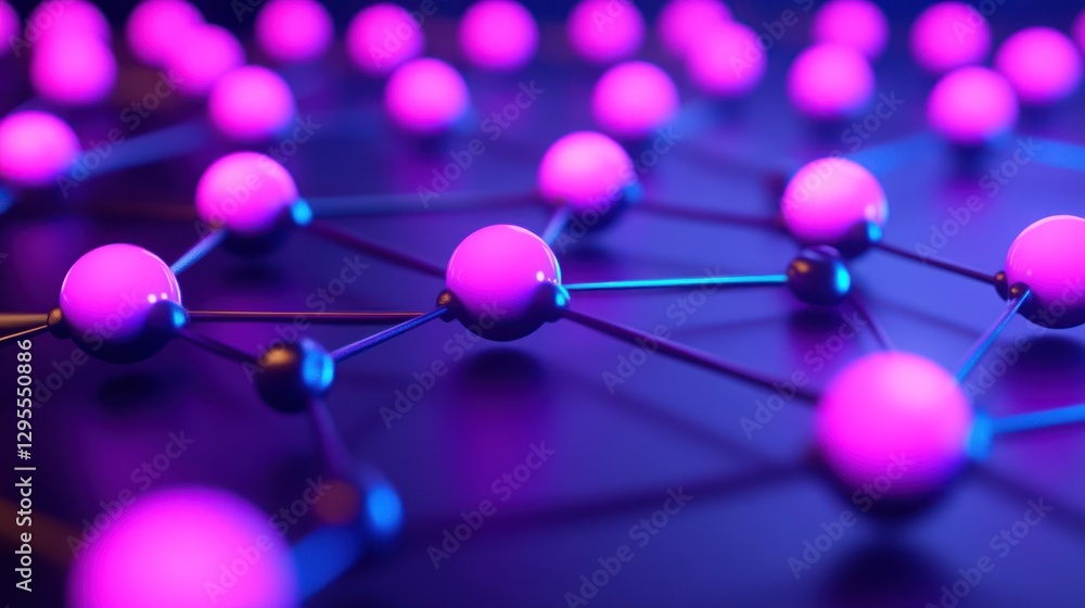 Obraz premium Molecular network illustration with interconnected spheres in shades of purple