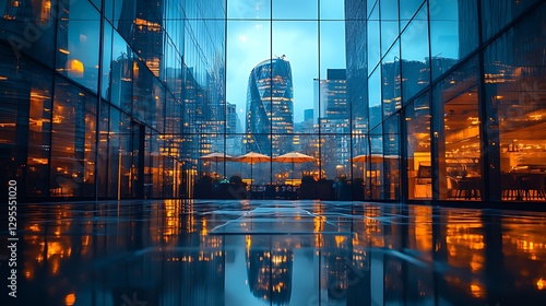 Cityscape reflection, urban patio, night, glass building, business
