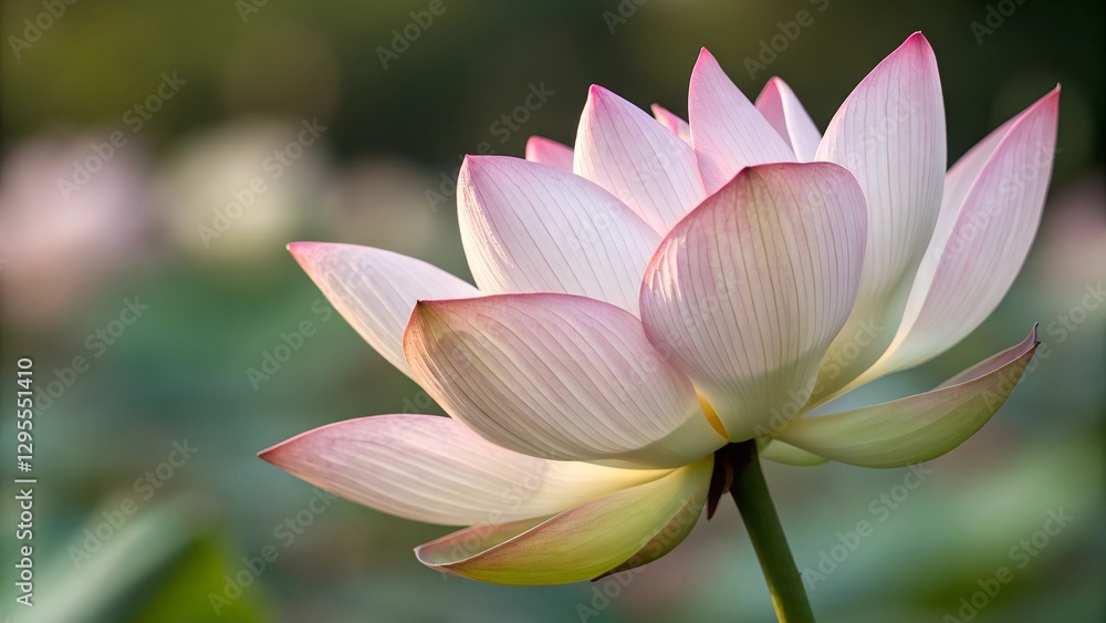 Lotus Blossom: Capturing the Delicate Beauty of a lotus blossom, its pristine petals unfurling in the gentle light, showcasing intricate details and conveying serenity.