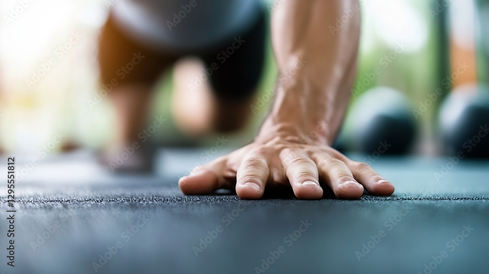 Obraz premium Athlete performing pushups on a gym floor emphasizing strength training and physical endurance : Generative AI
