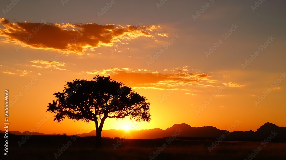 Fototapeta premium Stunning Sunset Silhouette of a Lone Tree Against Fiery Orange Sky in Nature : Generative AI