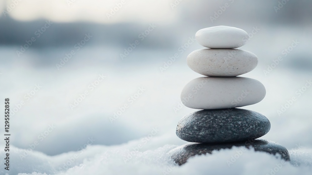 Zen garden with stacked stones symbolizing balance and tranquility against a soft snow background creating a peaceful scene : Generative AI Zen garden with stacked stones symbolizing balance and tranquility against a soft snow background creating a peaceful scene : Generative AI
