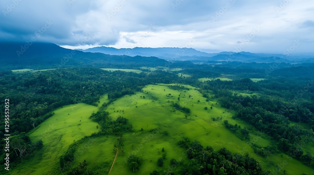 Obraz premium Breathtaking Aerial View of Lush Green Fields and Mountain Landscape Under a Dramatic Sky : Generative AI
