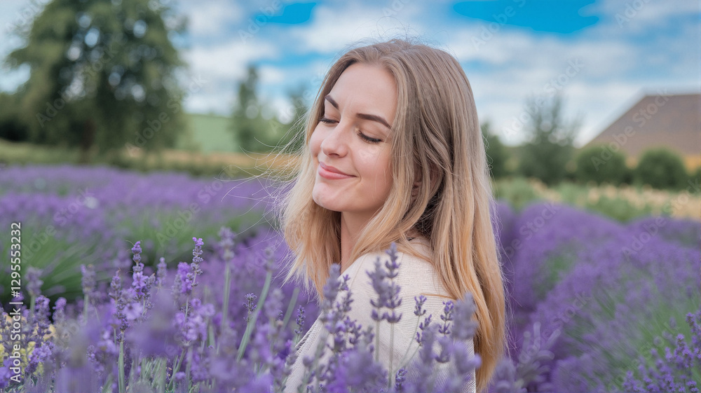 Young woman enjoying serenity in lavender field under blue sky - Young woman enjoying serenity in lavender field under blue sky -