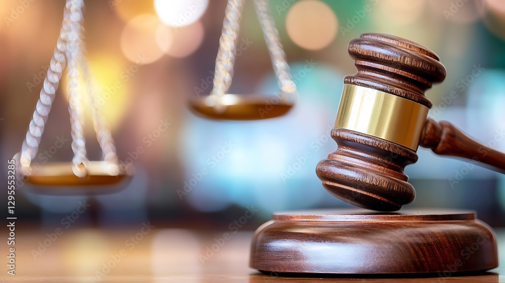 Elegant wooden gavel symbolizes justice with scales in the background highlighting law and order : Generative AI Elegant wooden gavel symbolizes justice with scales in the background highlighting law and order : Generative AI