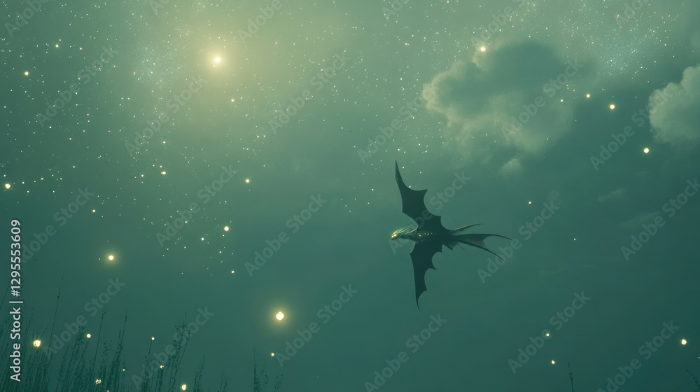 Fototapeta premium Dragon soars through a star filled night sky