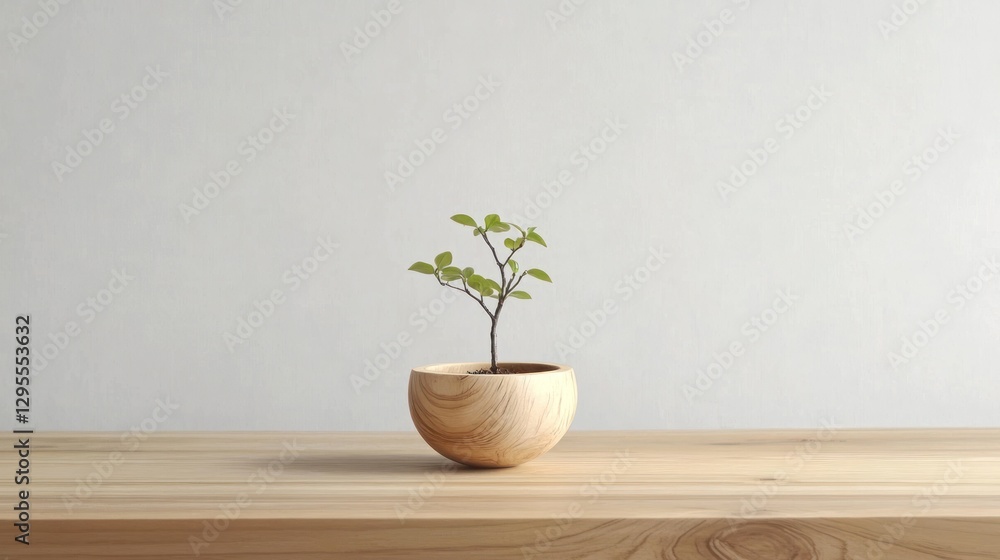 Small tree growing in a simple wooden pot sits serenely Small tree growing in a simple wooden pot sits serenely
