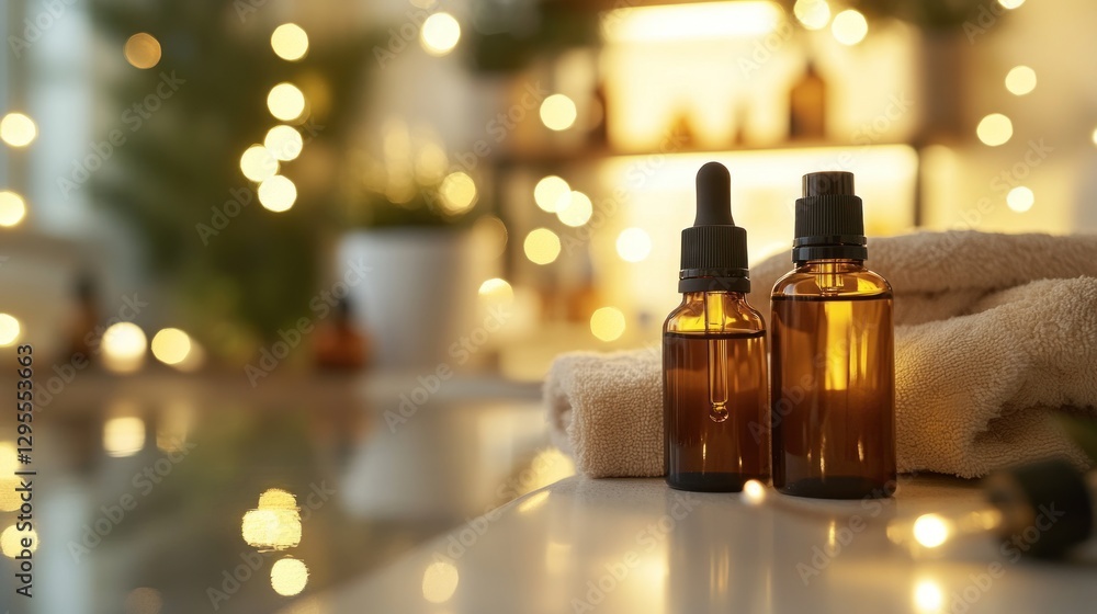 Two amber bottles and a rolled towel create serene ambiance Two amber bottles and a rolled towel create serene ambiance
