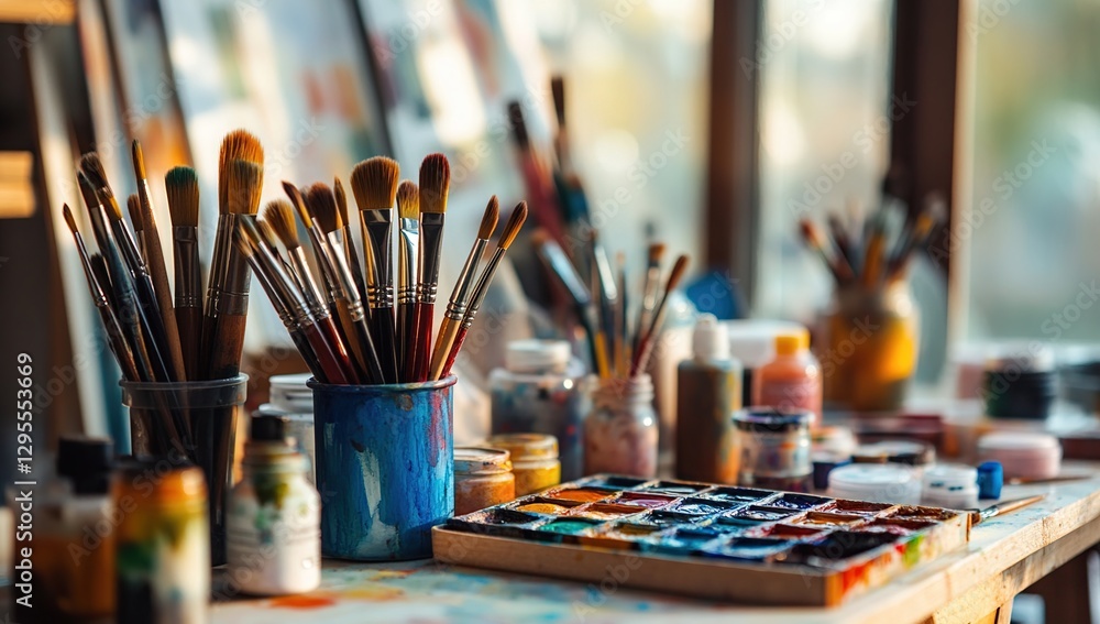 Fototapeta premium Colorful Paintbrushes and Supplies on Wooden Table in Art Studio